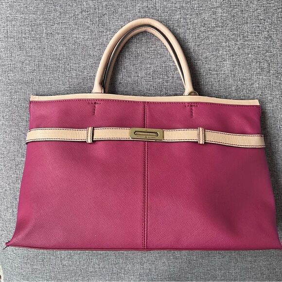 Tommy Hilfiger Leather Purse Magenta Cranberry Tan Double Handle Bag - Picture 4 of 13